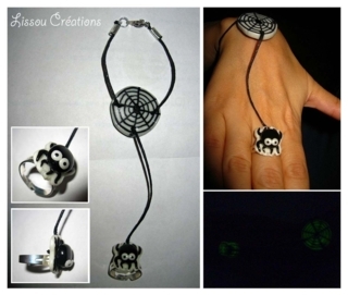 Bracelet-bague araignée phosphorescente et sa toile - Fimo, Cernit - 10doigts.fr