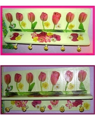 LA TABLETTE PORTE MANTEAU AUX TULIPES ROSES - Déco du bois - 10doigts.fr