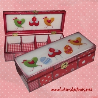 Boîte à thé "poulettes aux petits pois" rouge - Déco du bois - 10doigts.fr