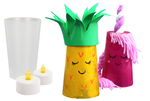 Portavelas de Piña y Unicornio con vasos de plástico - Actividades manuales de collage y plegado para todas las edades - 10doigts.fr