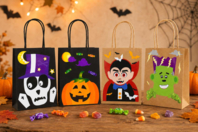 Kit créatif Halloween : 4 sacs kraft noir + gommettes - Halloween Treat Bags - 10doigts.fr