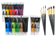 Acrylic Paint - Set of 14 tubes 75 ml (including gold and silver) + GIFT: 1 set of 8 brushes (4 flat brushes + 4 round brushes) with synthetic bristles - Matte Acrylic Paint - 10doigts.fr