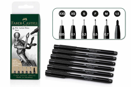 6 black Pitt Artist Pens, Faber-Castell (0.05 to 1.5 mm) - Calibrated fineliners for precise drawing – 10doigts.fr