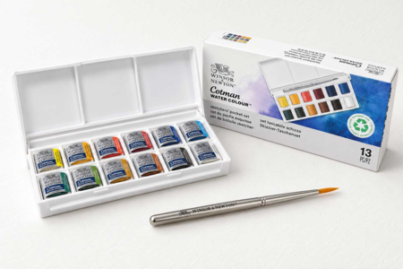 Caja de acuarelas Cotman, 12 pastillas medias, pincel de viaje, Winsor & Newton - Colores acuarela – 10doigts.fr