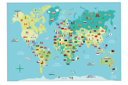 Mapa del mundo y pegatinas de banderas, dimensión del mapa 66 x 44 cm - Kits educativos – 10doigts.fr