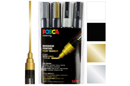 Estuche de 4 marcadores POSCA puntas medianas (1,8 a 2,5 mm): oro, plata, negro, blanco - Marcadores POSCA – 10doigts.fr