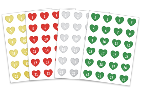 Set de 4 planches de gommettes de Calendrier de l'Avent corazones - Gomets alfabéticos y de mensajes – 10doigts.fr