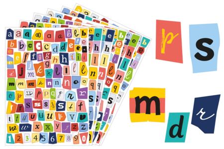 Set de 6 planches de gommettes alfabeto revista minúsculas - Gomets alfabéticos y de mensajes – 10doigts.fr