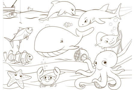 Printable coloring pages: Sea animals 2 – 10 Doigts