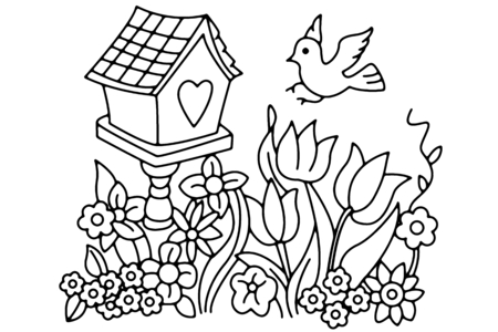 Printable coloring pages: Flowers and bird 02 – 10 Doigts