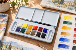 Paleta Aquafine Daler-Rowney, 12 medios godets y pincel de viaje - Colores acuarela - 10doigts.fr
