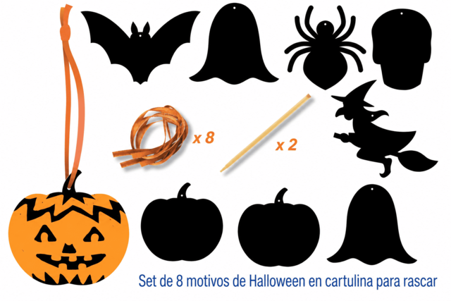 Set de 8 motivos de Halloween en carta a rascar - Cartes à gratter et à poinçonner : révélez votre créativité en relief - 10doigts.fr
