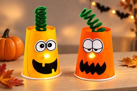 Glowing Pumpkin with a Paper Cup