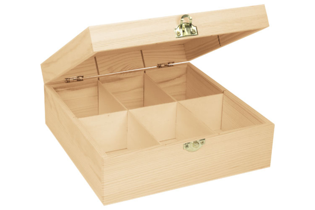 Wooden Tea Box, 6 Compartments - 21.5 x 21.5 cm - 1 - Wooden Boxes - 10doigts.com - Boîtes en bois à décorer - 10doigts.fr