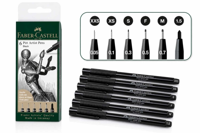 6 black Pitt Artist Pens, Faber-Castell (0.05 to 1.5 mm) - Feutres calibrés et fineliners pour le dessin de précision - 10doigts.fr