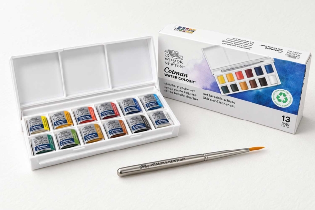 Watercolour box Cotman, 12 half pans, travel brush, Winsor & Newton - Couleurs aquarelle - 10doigts.fr