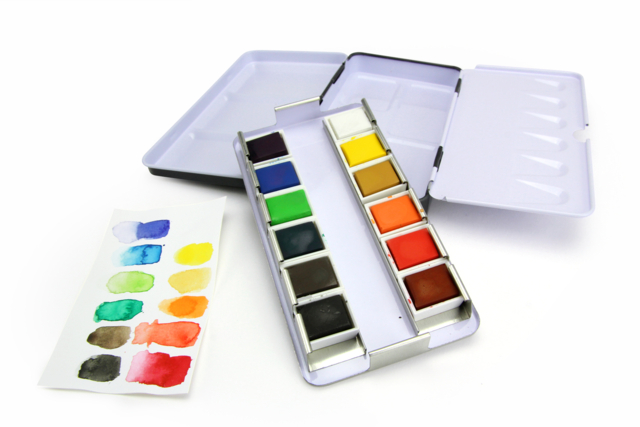 Travel Watercolor Set - 12 Half Pans - 1 - Watercolor Paint - 10doigts.com - Peinture aquarelle : palettes, pinceaux et accessoires pour peindre à l'eau - 10doigts.fr
