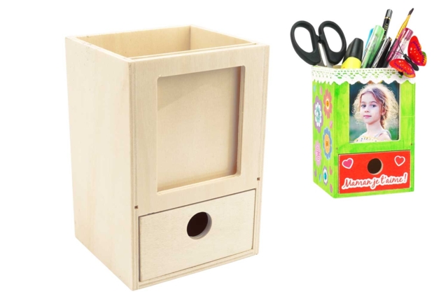 Wooden Pencil Holder with Frame and Drawer - 1 - Pencil Pots, Cache-Pots - 10doigts.com - Pots à crayons, cache-pots - 10doigts.fr