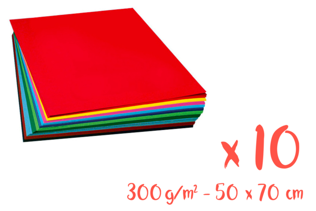 Cartón fuerte 50 x 70 cm - Set de 10 tarjetas - 10 colores (1 hoja por color) - Papiers colorés - 10doigts.fr