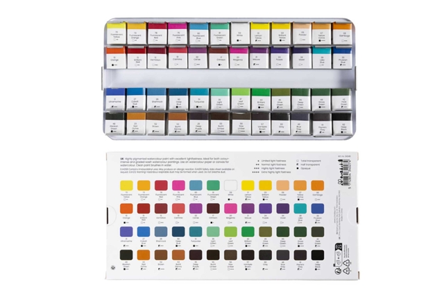 contenido caja acuarela 48 colores - Peinture aquarelle : palettes, pinceaux et accessoires pour peindre à l'eau - 10doigts.fr