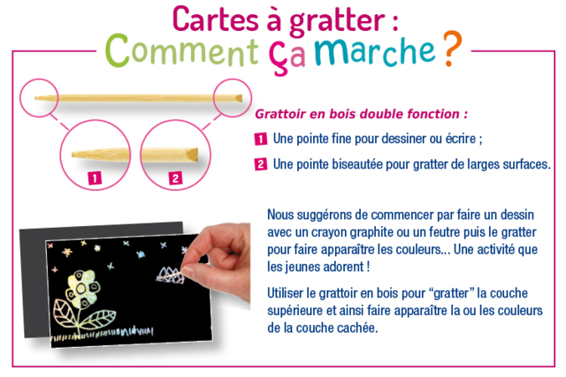 y 5 cartas de rascar con fondo holográfico arcoíris y 5 raspadores - Cartes à gratter et à poinçonner : révélez votre créativité en relief - 10doigts.fr