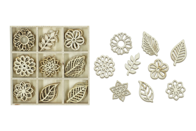 Wooden Flowers and Leaves - 45 Pieces - 1 - Raw Wood Decor - 10doigts.com - Décorations en bois brut : tranches et bois naturel déco - 10doigts.fr