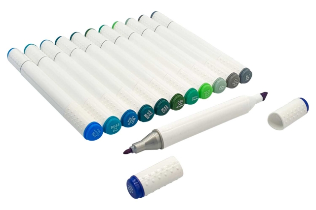 Rotuladores doble punta al alcohol, Colores tonos azul - 12 pcs - Feutres fantaisie : paillettes, effets magiques et couleurs métallisées - 10doigts.fr