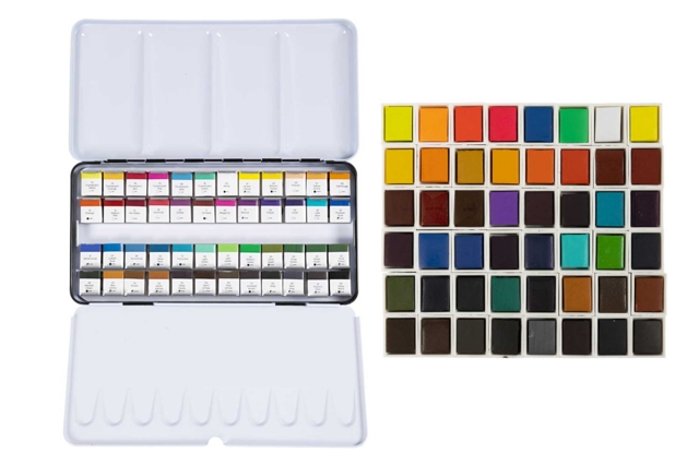 gran caja de acuarelas de medio godets - Peinture aquarelle : palettes, pinceaux et accessoires pour peindre à l'eau - 10doigts.fr