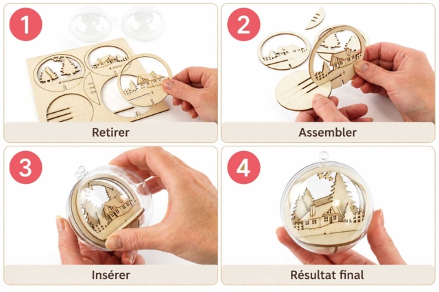 Kit de manualidades 10 bolas de Navidad – Escena de madera para ensamblar y decorar - Boules de Noël DIY - 10doigts.fr