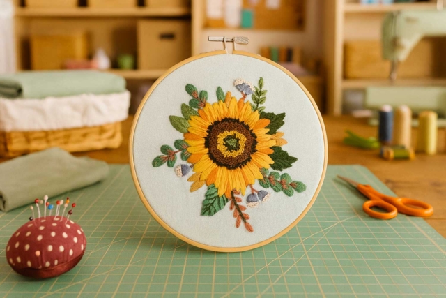 Embroidery Kit with Wooden Hoop: Sunflower - 2 - Sewing Kits - 10doigts.com - Kits Mercerie - 10doigts.fr