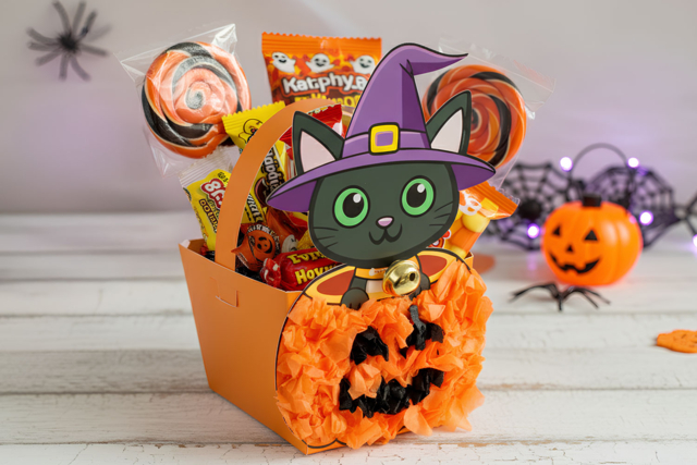 Kit cestas gato calabaza para montar - 4 unidades - Sacs à bonbons Halloween - 10doigts.fr