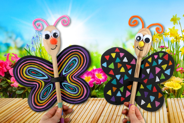 Marioneta mariposa con una cuchara de madera - Adhésifs colorés et Masking tape - 10doigts.fr