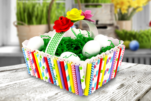 Canasta de Pascua para decorar con pajitas de cartón - Adhésifs colorés et Masking tape - 10doigts.fr