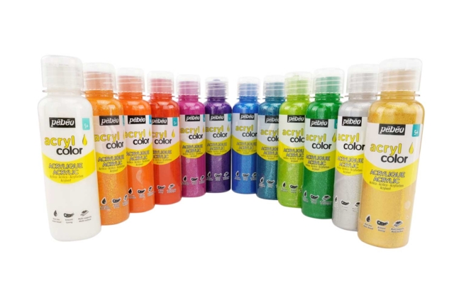 Pébéo Glitter Acrylic Paint, 150 ml - 12 Colors - 1 - Effect Acrylic Paint - 10doigts.com - Peinture acrylique à effets - 10doigts.fr