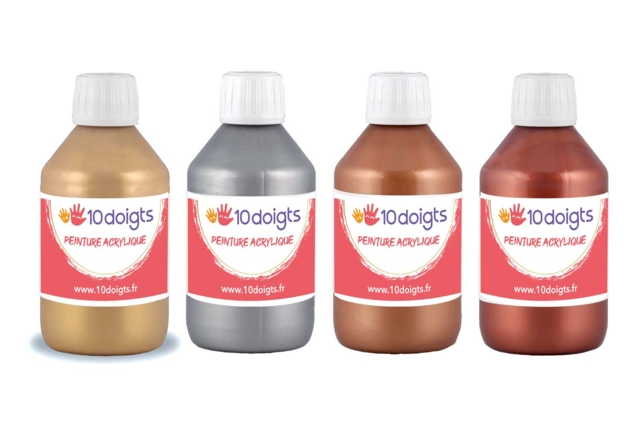 10doigts Metallic Acrylic Paint, 250 ml - 4 Colors - 1 - Effect Acrylic Paint - 10doigts.com - Peinture acrylique à effets - 10doigts.fr