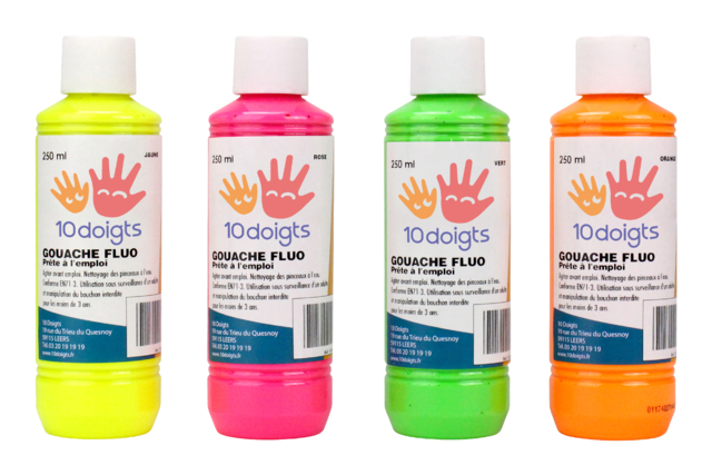 10doigts Fluorescent Gouache, 250 ml - 4 Colors - 1 - Gouache Paint 10doigts - 10doigts.com - Peinture gouache 10doigts : la qualité professionnelle pour les enfants - 10doigts.fr