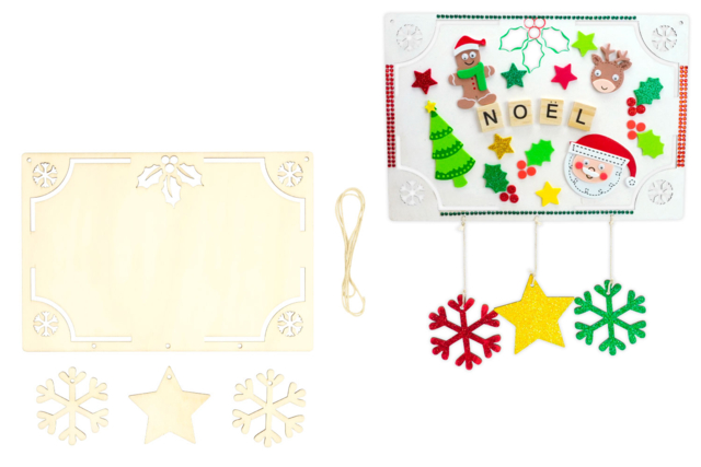 Plaque de Porte Noël en bois avec 3 suspension - Décorations de Noël en bois - 10doigts.fr