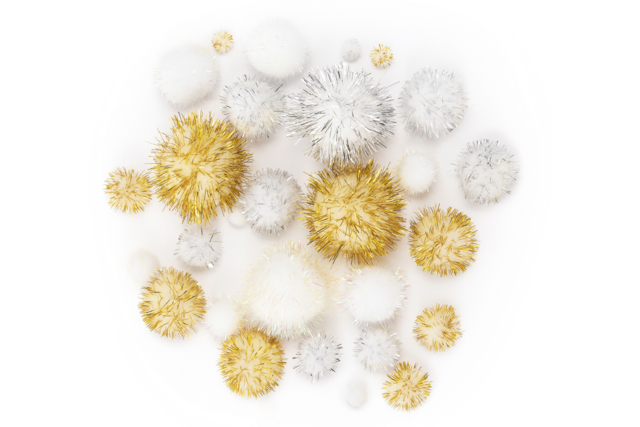 Glitter Pom Poms Gold, Silver, White - 30 Pieces - 1 - Craft Pom Poms - 10doigts.com - Pompons pour bricolage créatif - 10doigts.fr