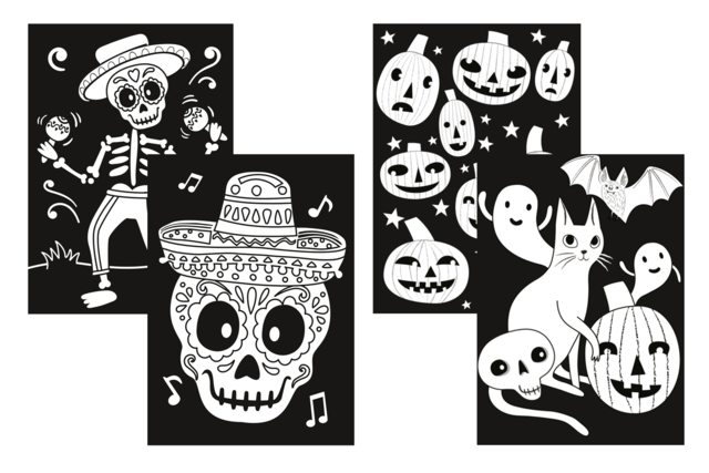PROMO : Láminas de terciopelo para colorear Halloween (calabazas + Esqueletos) - Kits créatifs Halloween - 10doigts.fr