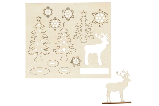 Wooden Christmas Scene - Deer and Trees to Assemble - 1 - Raw Wood Decor - 10doigts.com - Décorations en bois brut : tranches et bois naturel déco - 10doigts.fr