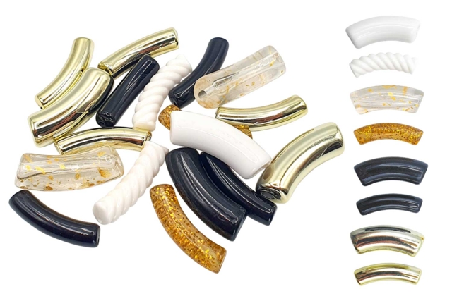 Juego de 18 cuentas acrílicas tubo curvado - negro y dorado - Perles Acrylique - 10doigts.fr