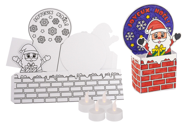 Set de 4 Papás Noel con chimenea para colorear + 4 velas LED - Photophores de Noël à décorer - 10doigts.fr