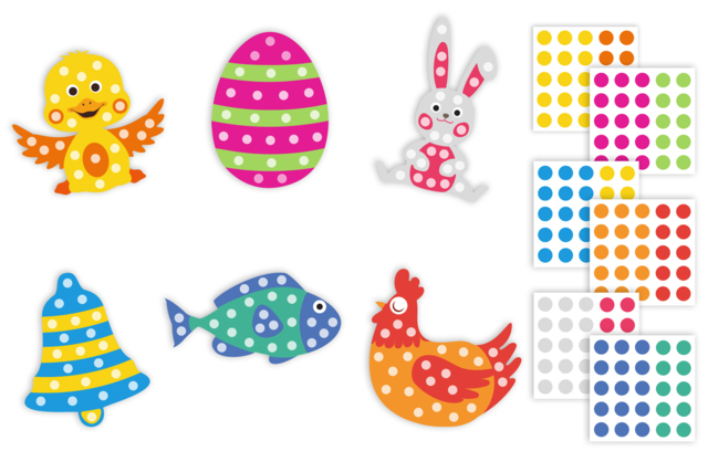 Set de 6 formas de Pascuas bi-colores + gomets - Kits créatifs avec gommettes : le plein d’idées pour les petits artistes - 10doigts.fr