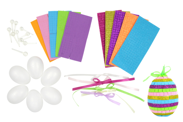 Juego de 6 huevos decorativos de porexpán y pegatinas de mosaico - Kits créatifs Pâques - 10doigts.fr