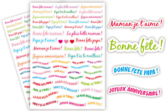 Message Stickers - 114 pcs - 1 - Celebration Messages - 10doigts.com - Gommettes Fête des parents : personnaliser vos cadeaux avec amour - 10doigts.fr
