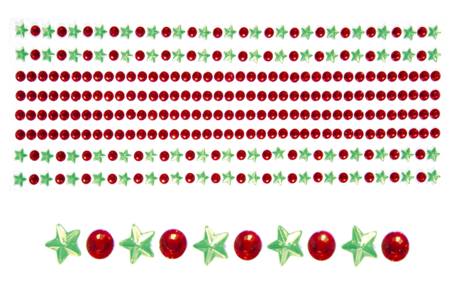 Red and Green Adhesive Rhinestones - 8 Strips - 1 - Sticker rhinestones - 10doigts.com - Strass autocollants - 10doigts.fr