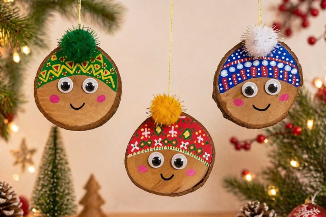 Christmas Suspensions in Wooden Logs - Pompons pour bricolage créatif - 10doigts.fr