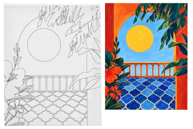 Lienzo Balcón al sol de Marruecos - Peinture aux numéros : découvrez l'art du tableau numéroté pour tous - 10doigts.fr