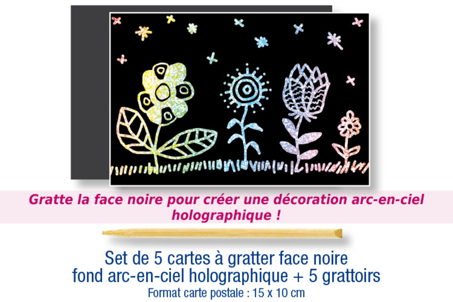 Set de 5 cartas para rascar cara negra fondo arco iris holográfico + 5 rascadores